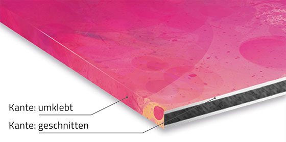 Foliendruckverfahren bei Dibondschildern, Folie um die Kante geklebt.